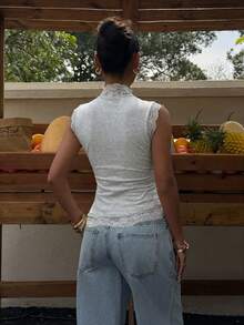 Muchica Áo camisole thời trang nữ cổ đứng phối ren tương phản ôm dáng. - Xám - Xem 2