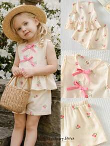 Cozy Pixies Baby Girl Floral Print Contrast Color Bow Decor Sleeveless Top And Elastic Waist Shorts 2Pcs Set - Pink - View 3