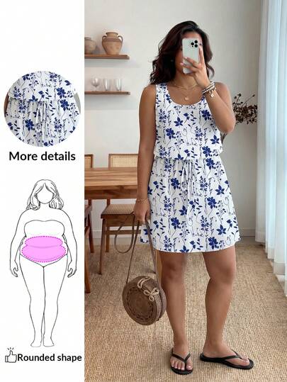 Enliva 休闲花卉印花优雅无袖长裙，加大码女式夏季海滩度假宽松太阳裙