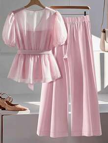 大码优雅两件套：撞色滚边短袖针织上衣和高腰A字裙 - 黑與白 - 查看 2