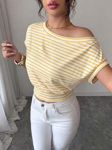 Elenzga Asymmetric Waist Hem Oblique Shoulder Elegant Office Lady T-Shirt - Yellow - View 4