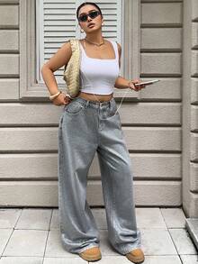 Dazy Plus Jeans larghi e dritti casual con stampa integrale e decorazioni in strass, per donna taglia comode, primavera/estate - Grigio - Visualizzare 4