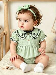 SHEIN Vintaside Kids Baby Girls' Short Sleeve Romper, Embroidered Collar & Cuffs, Bow Decor, Cute Casual Summer Outfit For Everyday Wear - Green - View 8