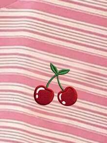 Young Girl Summer Pastel Pink Striped T-Shirt,Vintage Colorblock Cherry&Fruit Print Round Neck Short Sleeve Top,School Daily Wear Classic Retro Style - Multicolor - View 3