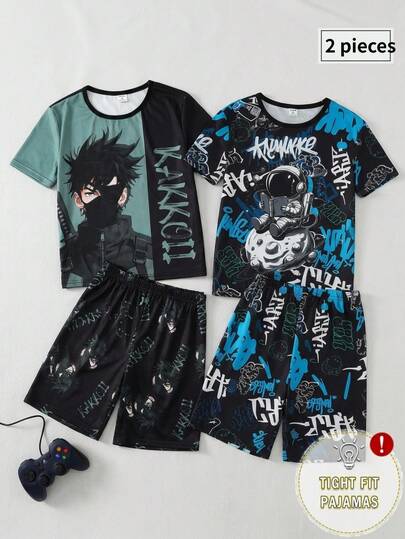 青少年男童黑色极简宇航员字母印花短袖短裤两件套睡衣套装