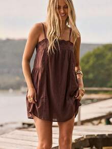 SHEIN Aralina-F 夏秋季沙滩度假风刺绣花边娃娃粉色迷你连衣裙 - 棕色 - 查看 6