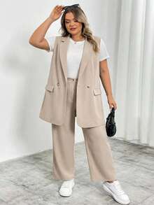 SHEIN CURVE+ Áo vest blazer cổ ve lật hai nút cỡ lớn, trang phục công sở, lễ tốt nghiệp, tựu trường, trang phục giáo viên dành cho nữ mùa thu/đông. - Màu be - Xem 11