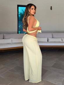 Maria Perezxox Quần ống đứng buộc dây du lịch thường ngày cho nữ, màu vàng, đa năng và thon gọn, vải dệt, mùa xuân/hè - Butter Yellow - Xem 4