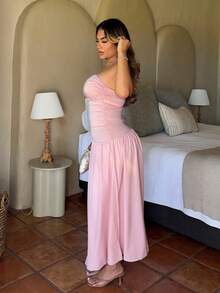 Maria Perezxox 女士优雅不对称下摆长款斜肩夏季连衣裙，粉色 - 粉色 - 查看 4