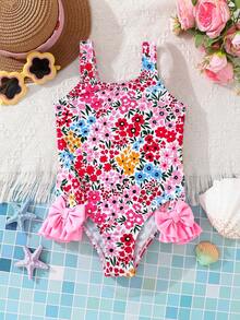 SHEIN Young Girl Knitted Floral Pattern Cute Bow One-Piece Swimsuit - Multicolor - View 7