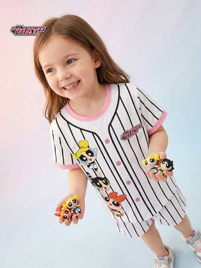 THE POWERPUFF GIRLS X SHEIN Maija Kids Áo thun ngắn tay cổ tròn tối giản, phong cách thường ngày dành cho bé gái, thích hợp cho mùa hè.