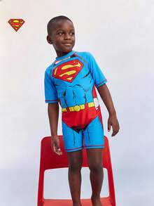 SUPERMAN X SHEIN Maija Kids 男童春夏修身拼接泳装，合作款 - 藍色 - 查看 1