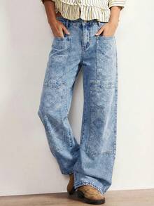 Bohemela Quần jeans nữ dáng rộng, họa tiết hoa và xanh phối nhiều mảnh. - Rửa nhẹ - Xem 7