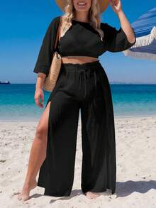 Swim Lushoire Plus Size Loose Kimono Cover Up Set, Vacation Style - Black - View 4