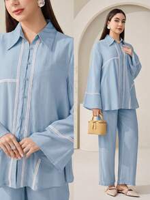 Veilorie Bộ đồ nữ thường ngày gồm áo và quần, gồm 2 món. - Màu xanh nhạt - Xem 1