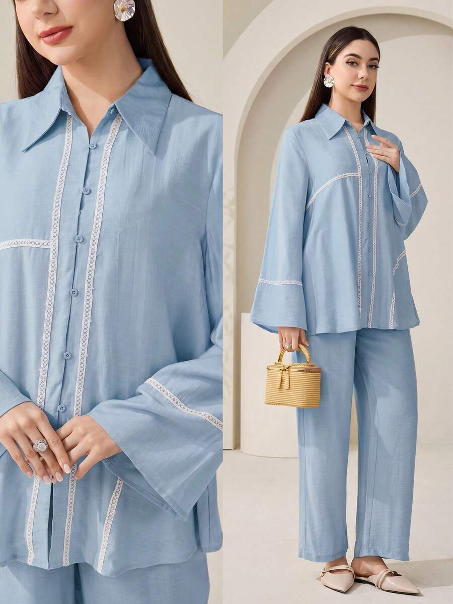 Veilorie Bộ đồ nữ thường ngày gồm áo và quần, gồm 2 món. - Màu xanh nhạt - Xem 1