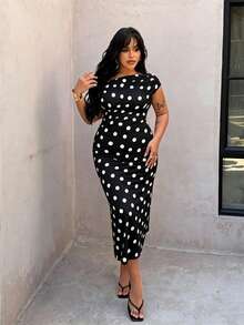 Plus Size Elegant Asymmetrical Shoulder Polka Dot Dress, Spring/Summer - Black and White - View 5