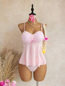 Swim Mod Đồ bơi hai mảnh dáng ôm hở lưng họa tiết sọc dây quai mảnh phong cách Summer New Vibes, áo crop top viền bèo và quần tam giác, bikini nâng đỡ cho ngực nhỏ, phù hợp đi biển, nghỉ dưỡng, tiệc hồ bơi, tiệc sinh nhật, tankini sọc hồng trắng - Hồng - Xem 2