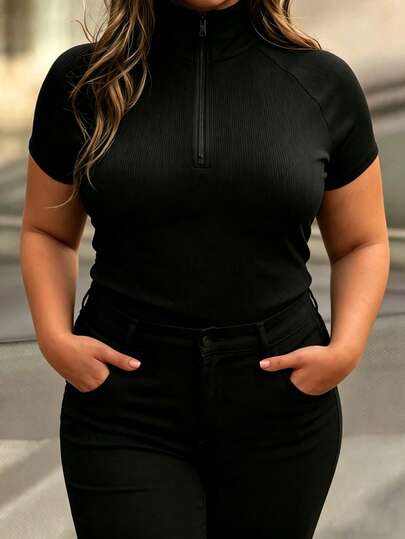 Vionelle Plus Size Women Casual Solid Color Zipper Half-Zip Short Sleeve T-Shirt Polo Shirt For Women Plus Size