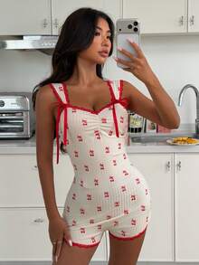 ZzzCrew Bộ đồ ngủ liền thân in hình nơ anh đào gợi cảm dành cho nữ - Nhiều màu - Xem 1