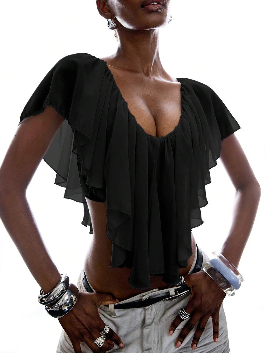 LYSMO 2026 New Minimalist Spring/Summer Women's Solid Color Ruffle Asymmetric Hem Blouse, Summer Top, Black - Black - View 1