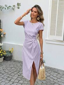 SHEIN LUNE Women's Casual Striped Short Sleeve Twist Knot Midi Dress, Suitable For Summer Vacation, Commute, And Daily Wear,Dresses For Women Summer - Mauve Purple - View 5