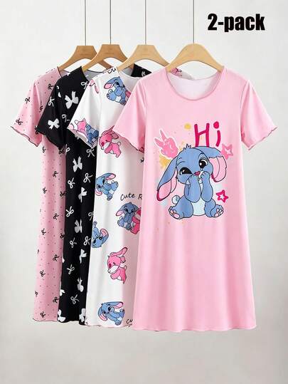 2件套女童可爱兔子印花中长睡裙，舒适柔软简约夏季睡衣