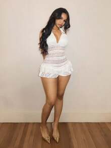 BamGleam 夏季度假风奶油色蕾丝吊带露背荷叶边无袖吊带衫 - 杏色 - 查看 6