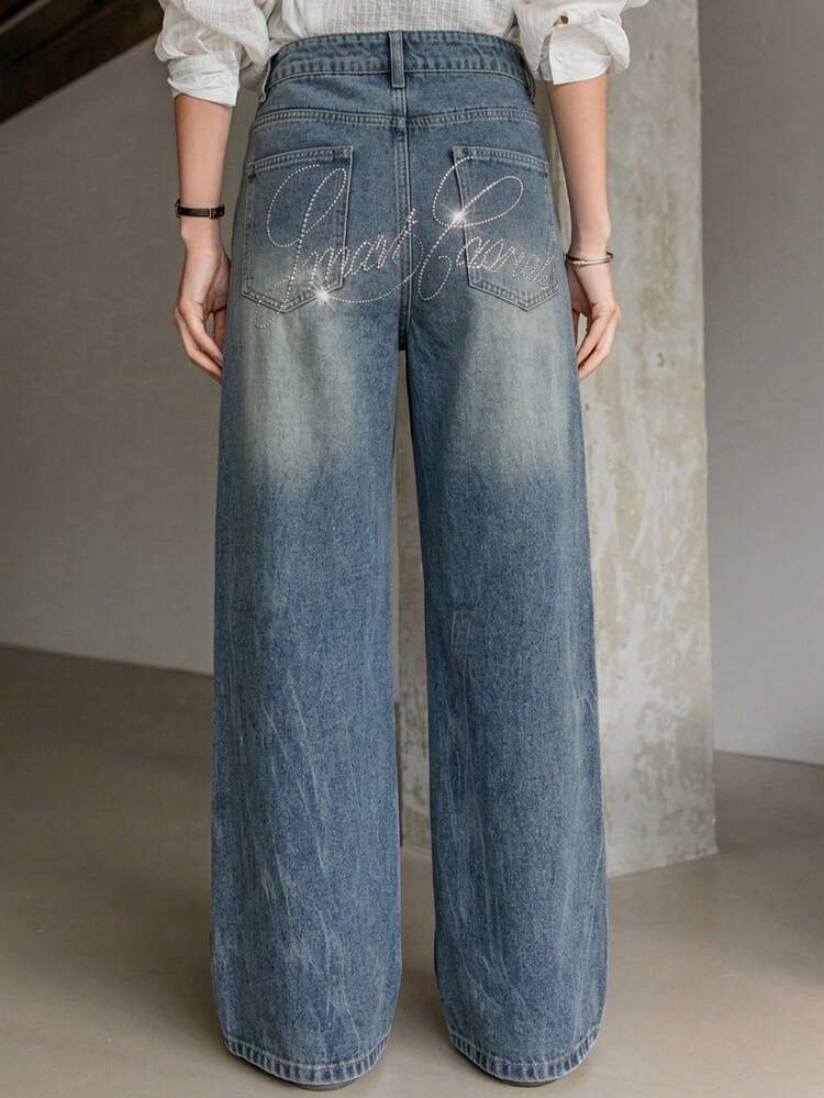 Women's Loose Fit Letter Print Rhinestone Embellished Casual Denim Jeans, Suitable For Spring & Summer