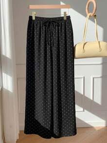 SHEIN EZwear 女士100%纯棉休闲度假风波点印花抽绳腰宽松阔腿裤 - 黑色 - 查看 6