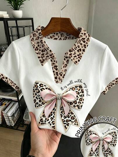Leopard Print Bowknot Polo Shirt For Teen GirlFull Print, Suitable For Outings, Casual Daily Wear, Fitted Short Style, Waist Cinched, Personality, Suitable For Spring, Summer, Autumn