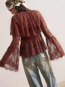 Bohemela Women's Casual Solid Color Knit Lace V-Neck Flare Sleeve Ruffle Hem Blouse - Coffee Brown - View 4