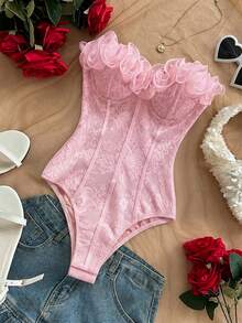 Soleia Ruffled Strapless Bodysuit For Women, Suitable For Vacation, Holiday, Party, Afternoon Tea, Music Festival, Beach, Summer Outfit, Boho, Crochet, Linen - Baby Pink - View 7