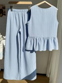 Sparklyn 2pcs Tween Girls Camisole Shirt With Bow Button And Elongated Pants Set - Blue - View 2