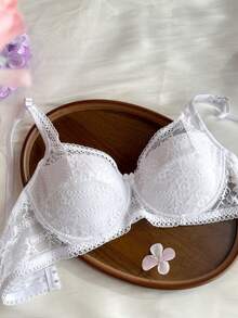 DAZY Adjustable Lace Spaghetti Strap Slightly Gathered White Bra, Women's Lingerie For Summer - White - View 13