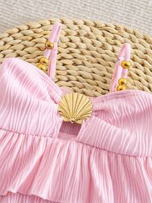SHEIN Holiday Baby Girl One-Piece Swimsuit,Cute Polyester Ruffle Trim Swimwear With Seashell,Fashionable Frilled Monokini Bathing Suit For Young Girls - Coral Pink - View 3
