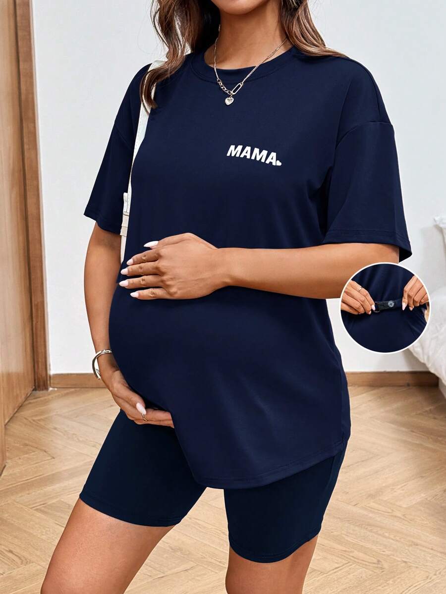 SHEIN 2pcs Maternity Letter Print Casual Short Sleeve T-Shirt And Adjustable Waist Shorts Set - Navy Blue - View 1