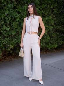 Andrea Bello 女装夏季肌肉简约日常老款风亚麻系带两件套，系带两件套，贝壳边饰无袖上衣和裤子套装，系带前教师装工作女装连衣裙两件套 - 杏色 - 查看 1
