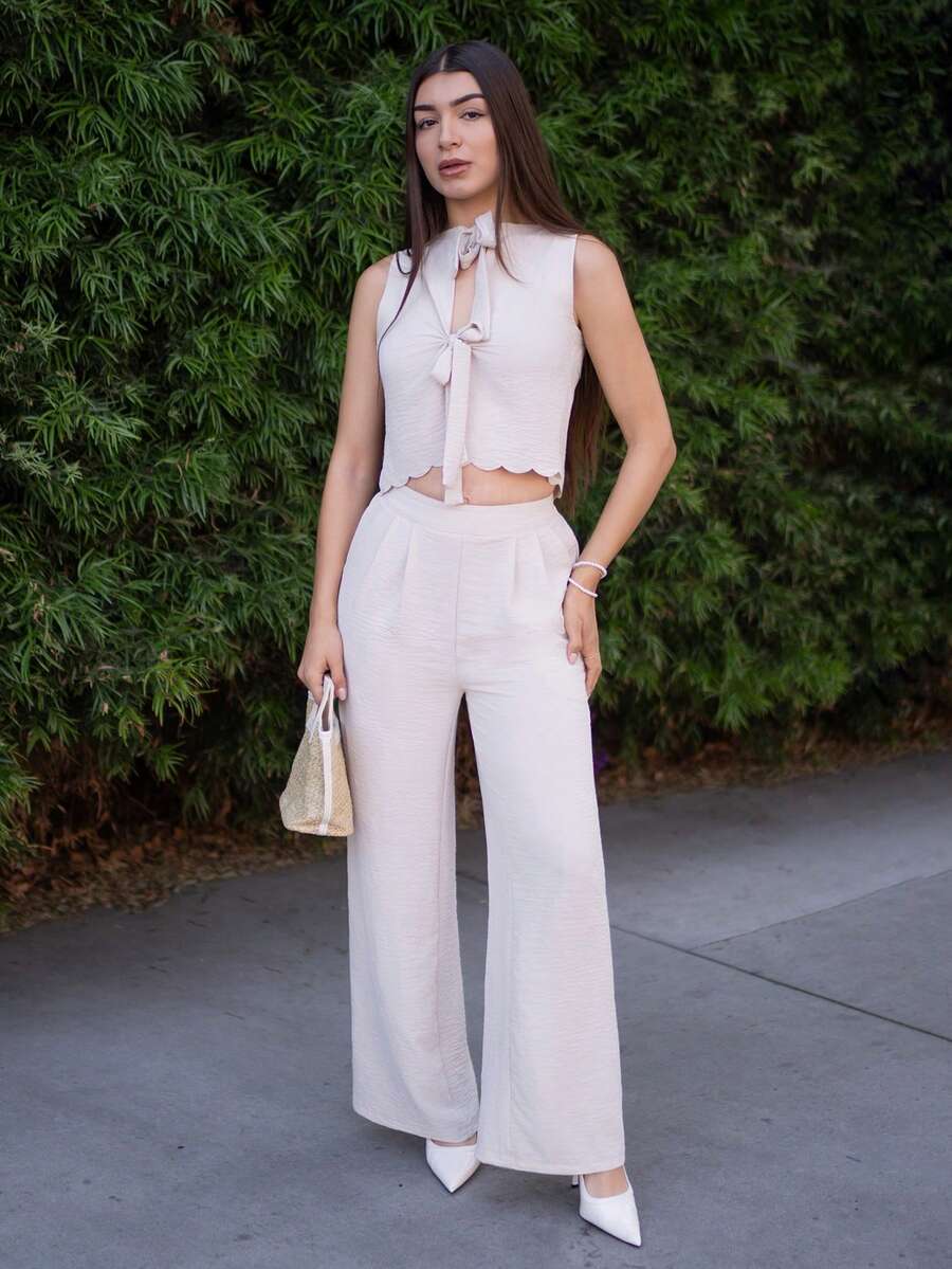 Andrea Bello 女装夏季肌肉简约日常老款风亚麻系带两件套，系带两件套，贝壳边饰无袖上衣和裤子套装，系带前教师装工作女装连衣裙两件套 - 杏色 - 查看 1