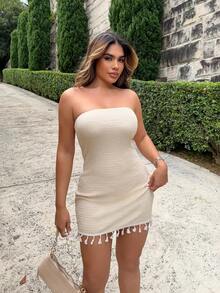 Maria Perezxox 杏色纹理面料性感露肩露背流苏拼布紧身连衣裙 - 杏色 - 查看 1