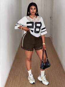 Maweii Plus Size Loose Lace Patchwork Bow Shorts - Brown - View 2