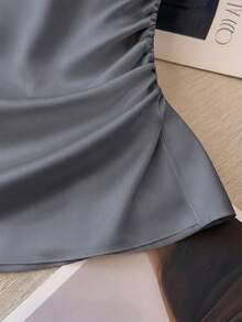 Franclia Blusa elegante de mujer con cuello redondo, cintura ceñida, plisada, de manga corta, versátil y de color melocotón claro sólido - Gris Claro - Ver 5