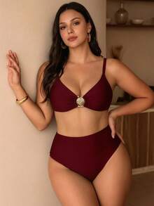 Swim Chiccia 2026新款优雅金属装饰纯色可调节肩带泳装套装，时尚沙滩度假加大码 - 酒紅色 - 查看 5