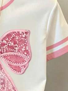 Tween Girl Bow Print Graphic Loose Casual Contrast Color Block Striped Round Neck T-Shirt Top, Suitable For Summer, Everyday Wear, Back To School - Multicolor - View 4
