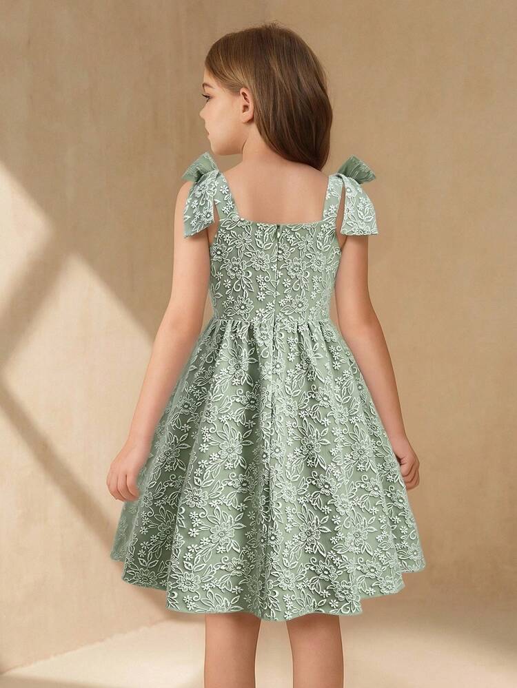 SHEIN Girls' Elegant Jacquard Floral Dress With Detachable Bow Strap Tween Spring Dress Spring Dresses For Girls Youth Girl Clothes Easter Dresses For Tweens Kids Dresses Girls Tea Party Dresses For Girls Vintage Dress For Girls Kids Dresses Girls 13 To 14 - Green - View 2