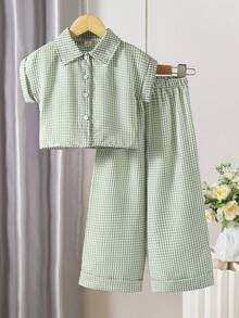 SHEIN Elladie kids 两件套女童格子领休闲衬衫上衣搭配直筒裤套装，适合日常休闲、户外活动和上学穿着。 - 綠色 - 查看 8