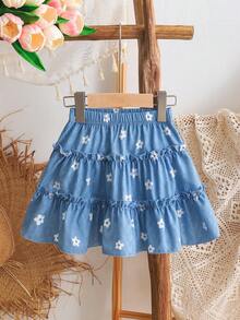 Vintaside Kids Young Girls' Classic Blue Floral Print Ruffled 3-Layer Casual Dress, Suitable For Daily, Party, Vacation, Countryside Style Fashion - Blue - View 6