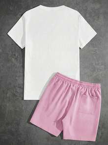 GENTILAND Men's Palm Tree Print White Slim Fit Knit T-Shirt And Shorts Set - Pink - View 3