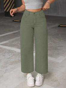 SHEIN ICON 大码女式休闲日常通勤简约纯色宽松阔腿牛仔裤 - 軍綠色 - 查看 3
