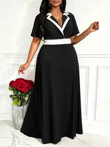 Villa Velisse Plus Size Women's Black And White Contrast Color Knit Collared Short Sleeve Waist Cinched A-Line Loose Casual Elegant Formal Summer Dress For Work - Black and White - View 3